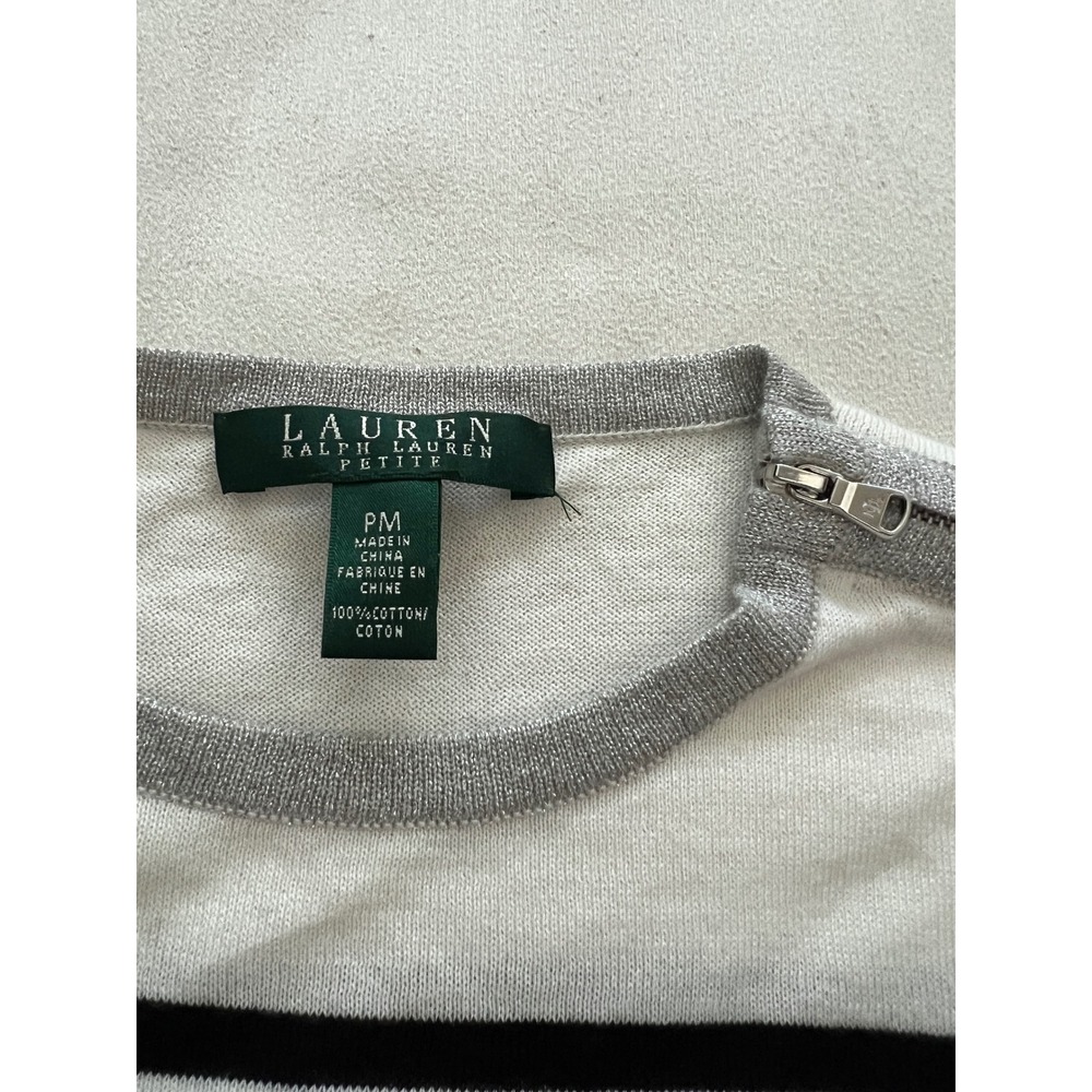 Lauren Ralph Lauren Petite Striped Sweater White Black Gray Zip Shoulder Cotton - Picture 5 of 13